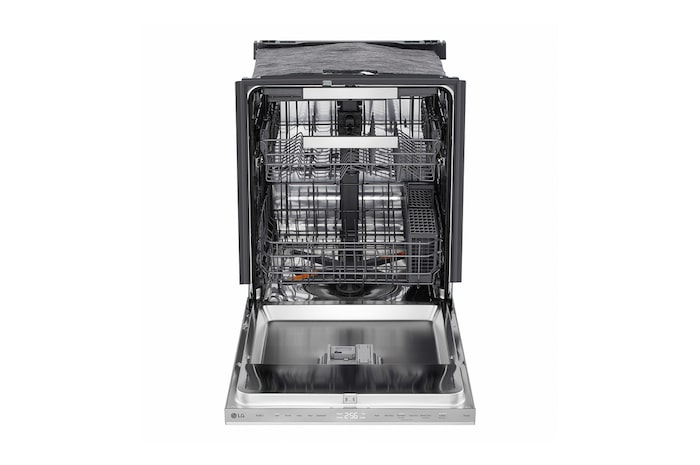  Front view of  LG FlushFit™ Dishwasher | 46 dB, QuadWash® Pro, AutoVentDry™, Adj. 3rd Rack, Floor Status Indicator Top Cotrol, Stainlesns with door open- LDNPQ555S